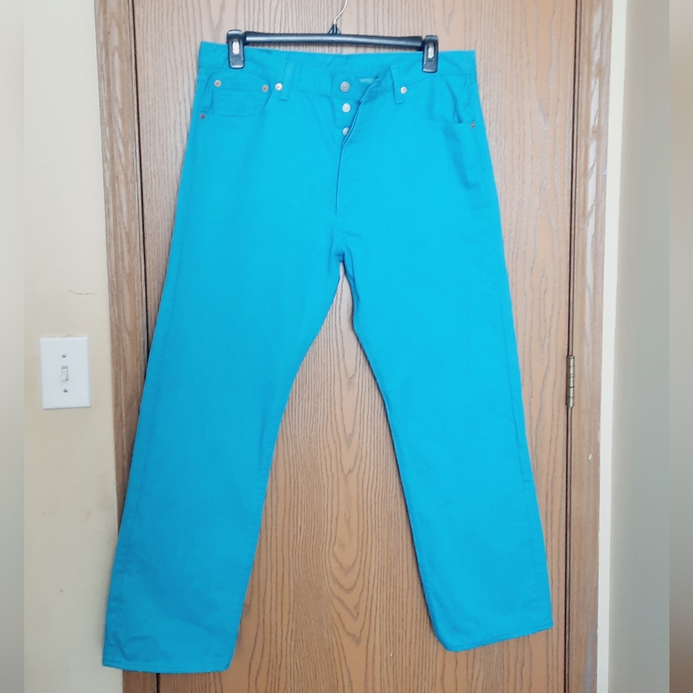 Levi's 501 Button Fly Mens Cyan Blue Straight Jeans